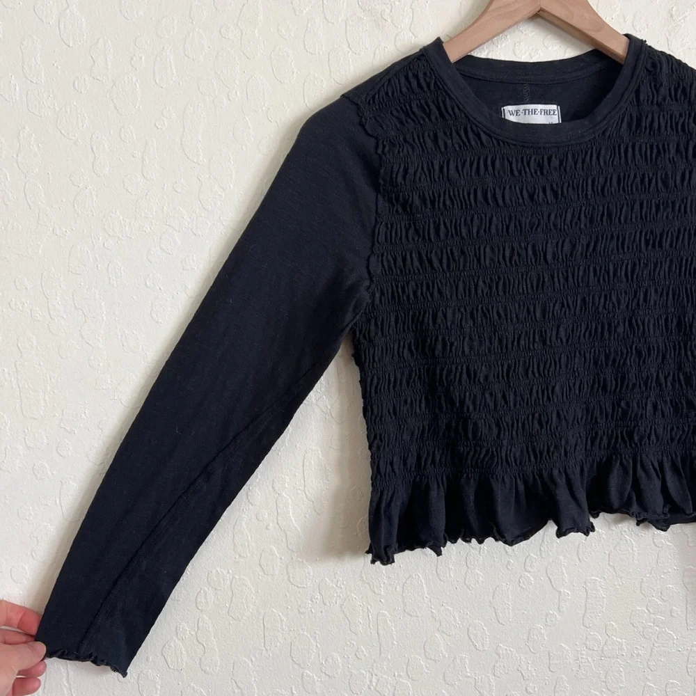 Free People Black Smocked Ruffle Hem Long Sleeve Top